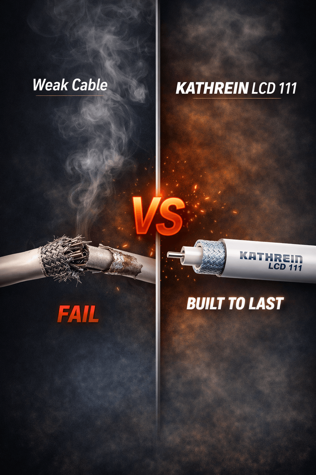 Broken cable next to a new Kathrein coaxial cable – comparison of quality and reliability.